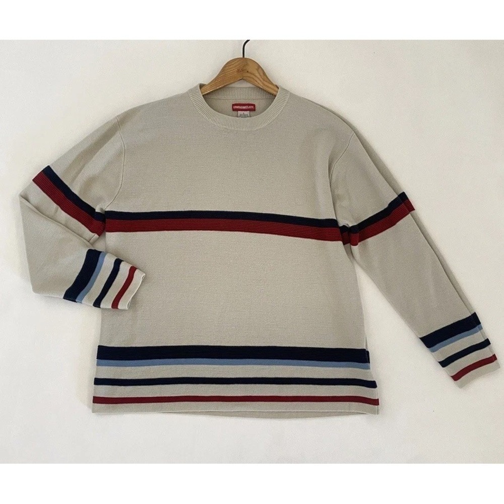 Vtg Unionbay Mens Sweater L Striped Sand y2k 90s Preppy Academia College Chunky